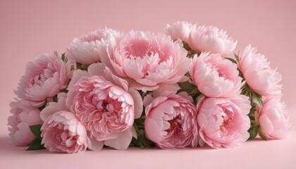 Dense cluster of blush pink peonies on a soft pink backdrop , blossom, bouquet