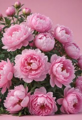 Obraz premium Dense cluster of pink peonies, soft pink backdrop, pink background, soft pink
