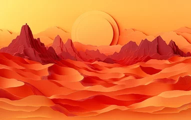 Gordijnen surreal red mountain landscape with sunset in digital artwork © Thanayut