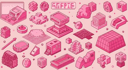 A collection of pink isometric pixel art elements, including game consoles, geometric shapes, and abstract designs, evoking a retro-futuristic vibe.