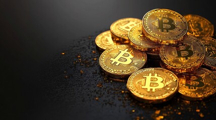 shiny bitcoin gold coins on black background with glitter effect