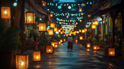 Evening lantern-lit street in a vibrant Asian city.  Blurred pedestrians walk amidst the warm glow of lanterns and decorative lights.