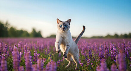 Playful cat leaping through a field of vibrant purple flowers enjoying the summer sunshine and fresh air