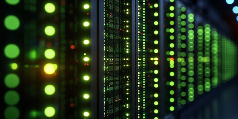 high-tech data center with green led lights and server racks for digital infrastructure and cloud computing