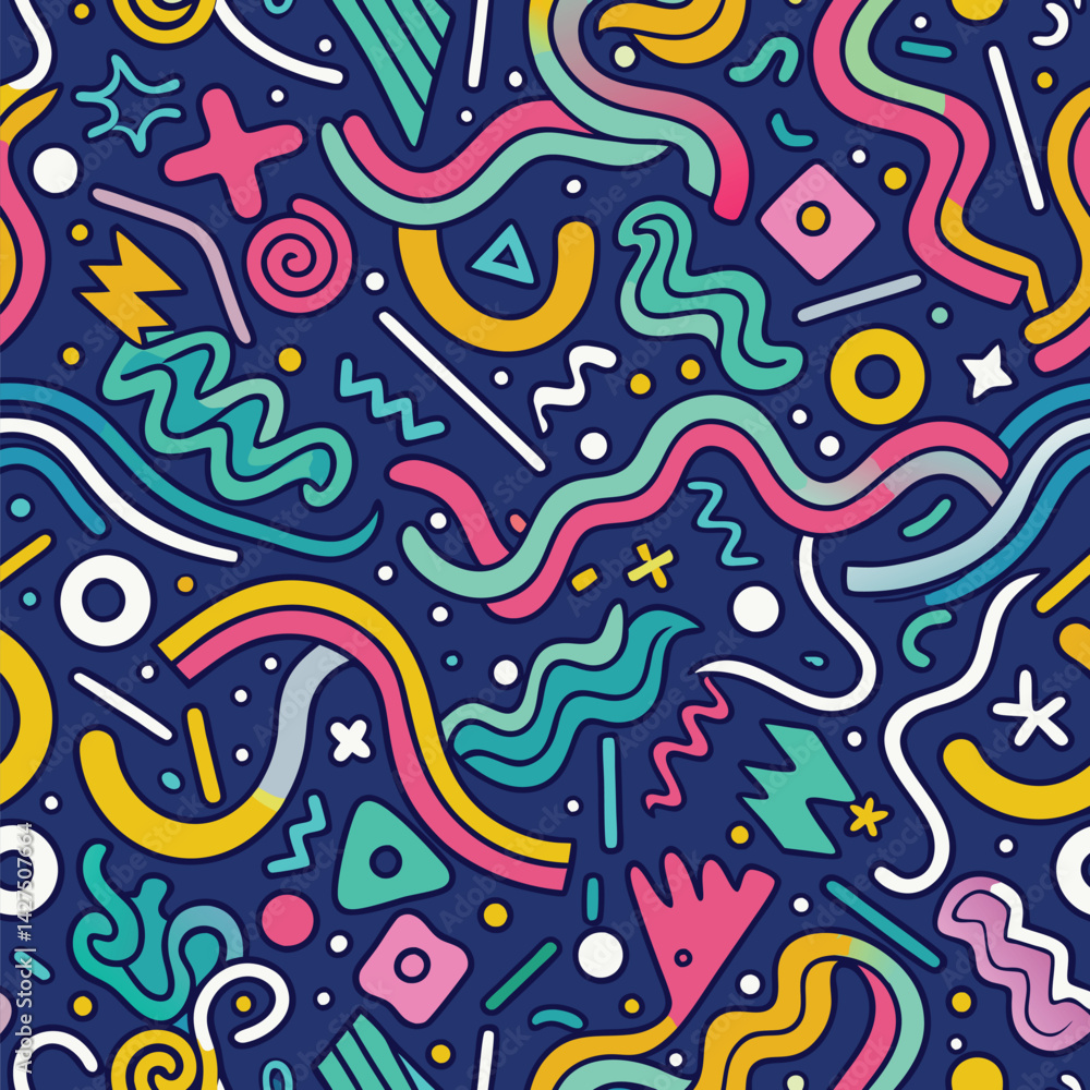 Poster abstract party a vibrant blend of shapes lines colors in a playful composition against a dark backgr