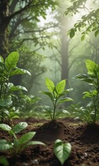 Delicate coffee seedlings emerge, vibrant green leaves unfurl against lush backdrop ,  spring,  young plant,  plantation