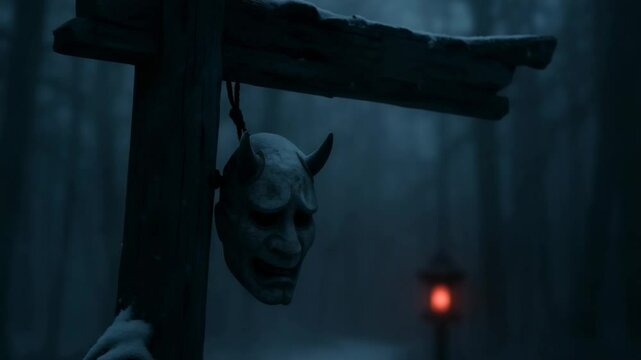 Oni Mask Hanging on Wooden Post in Misty Forest
