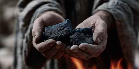 Miner holding coal lumps in dirty hands with fire in background