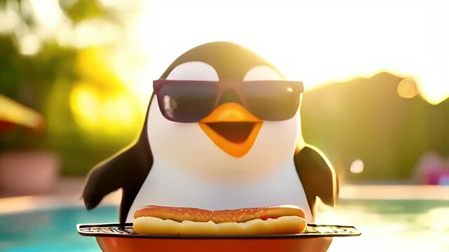 Animated Penguin with Sunglasses Holding Hotdog at Poolside in a Bright Sunny Outdoor Scene