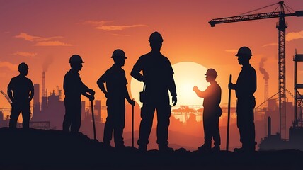Fototapeta premium Silhouette of Construction Workers at Sunset Teamwork and Industry