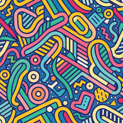 Retro pop maze A vibrant tangle of lines and shapes on blue