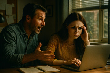 Frustrated couple discussing problems while using laptop in home office  
