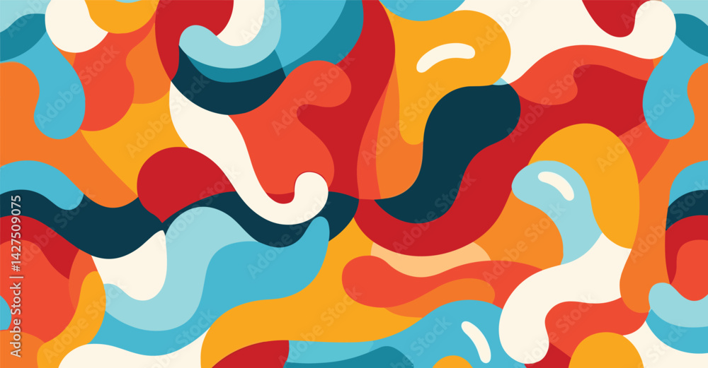Poster retromodern swirl curving blocks of primary colors interlock in a dynamic design
