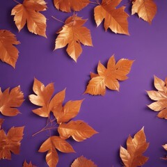 Dry orange metallic leaves, violet backdrop  Geometric autumnal design , pattern, background