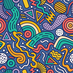 Whimsical Doodle World Geometric Shapes  Playful Lines Dance on Blue