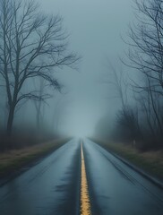 Fototapeta premium Lonely road stretching into heavy fog through a bare forest, with wet pavement and dramatic mood, symbolizing mystery, solitude, and autumn travel in rural landscapes 