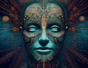 Abstract Cyberpunk Portrait AI Female Face with Circuitry and Neural Network Design