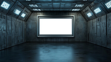Empty futuristic sci fi room with metallic walls, glowing lights, and a blank display screen in the center wall.