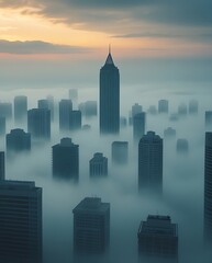 Fototapeta premium Aerial view of a futuristic city skyline shrouded in morning fog, with tall skyscrapers emerging through mist under a dramatic sunrise, symbolizing urban growth and mystery 