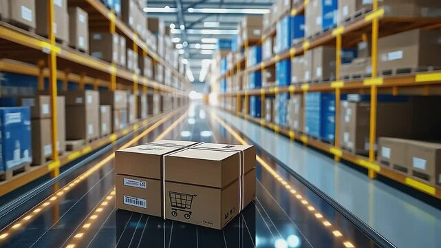 Warehouse Symphony: A perspective view of a modern warehouse filled with neatly arranged boxes and packages, representing the efficiency of logistics and supply chain.