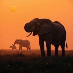 Fototapeta premium Elephant silhouette against misty savannah background, wildlife, landscape, safari