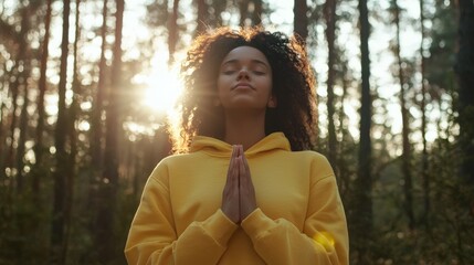 Happy young woman in yellow hoodie practicing yoga outdoors with eyes closed and hands folded in prayer gesture under sun rays through trees in forest background, praying for spiritual transformation 