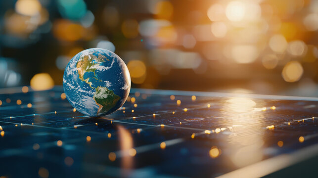 Earth globe on solar panel with bright bokeh background, symbolizing renewable energy and sustainability