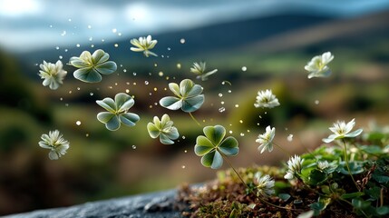 A field of flowers with a few white flowers in the foreground