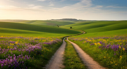 Fototapeta premium Scenic Country Road Through Rolling Green Hills at Sunset Ideal for Travel and Nature Publications