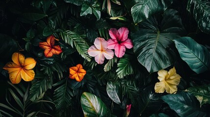 Colorful jungle flowers blooming amidst dense greenery