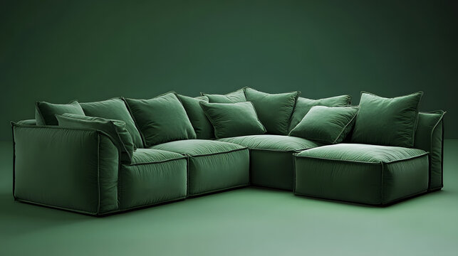 Ultra cozy sectional sofa with deep cushions on solid green background, exuding comfort and style