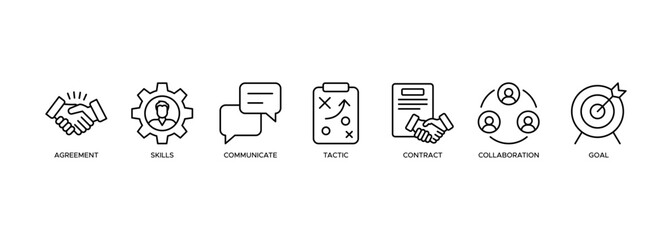 Negotiation banner web icon vector illustration concept for business deal agreement and collaboration with icon of skills, communicate, tactic, contract, and goal