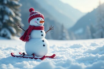 Obraz premium Frosty snowman standing alone in empty snowy field with skis and sled, frosty atmosphere, winter scene, snowy terrain