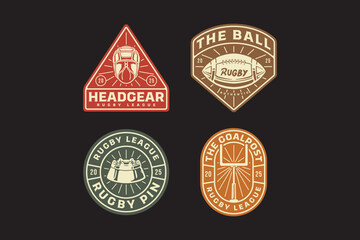 rugby headgear, helmet, ball, rugby tee pin, goal, goal pole, goalpost retro vintage badge logo vector design collection for american football and rugby player, sport, club, league and merchandise