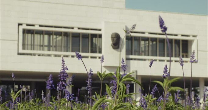 Lenin memorial building with purple flowers in Ulyanovsk