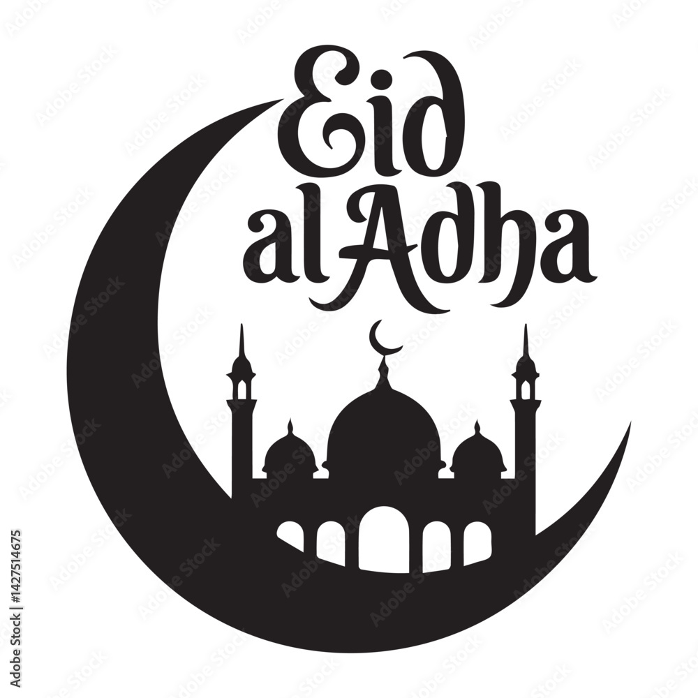 Fototapete silhouette design featuring a crescent moon with a mosque with typography text eid al adha.