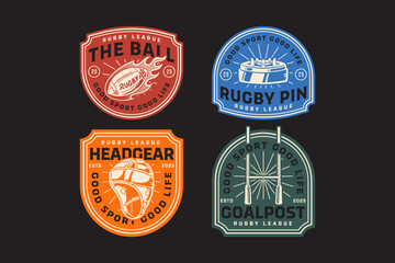 rugby fireball, ball, helmet, headgear, rugby tee pin, goalpost, goal pole retro vintage badge logo vector design set for american football and rugby player, sport, club, league and merchandise