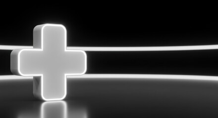 Obraz premium Glowing White Cross Symbol in a Dark Futuristic Setting, Neon Lights Reflecting on Glossy Surface