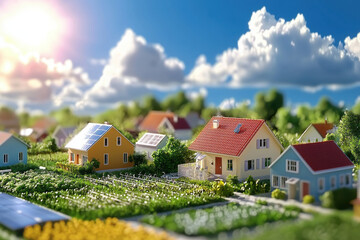 Sustainable village with colorful houses, solar panels, and lush gardens under bright sky, showcasing eco friendly living