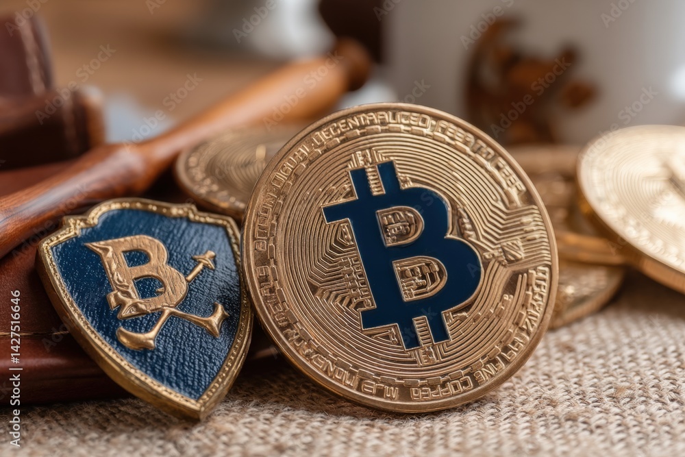 Poster bitcoin coins on a textured surface with various designs.