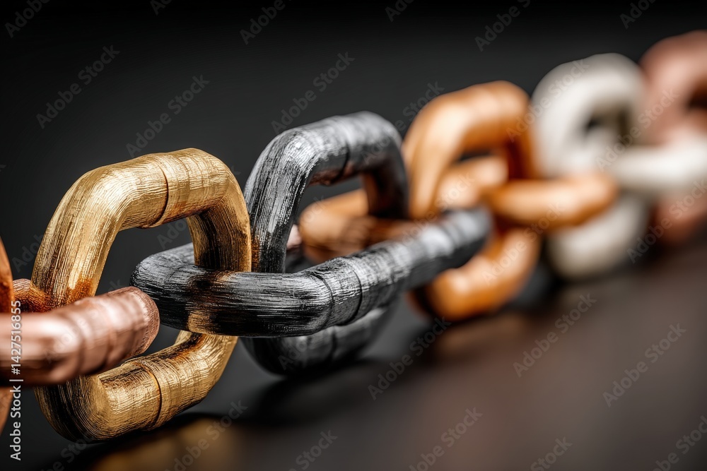 Poster close-up of metallic chains with varying textures and colors.