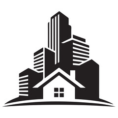 Fototapeta premium Silhouette-style real estate logo featuring modern skyscrapers with a curved roofline, a house symbol vector design.