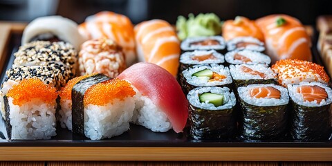 assorted sushi platter with fresh fish and vegetables for japanese cuisine lovers
