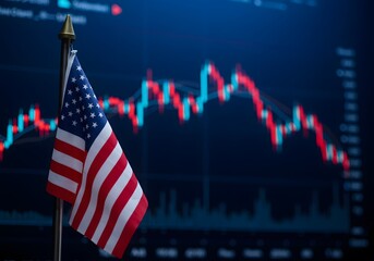 American flag waving gently in front of a large, blurred, dark blue stock market chart showing a sharp downward trend. Us flag with declining stock graph symbolizes economic recession and stagnation. 