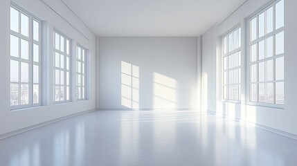 Fototapeta premium Bright spacious room interior with large windows minimalist design pure white background aesthetic view