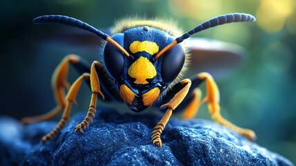 close-up of a vibrant wasp on rock showing details of body and antennae
