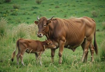 Fototapeta premium Brown Cow and Calf in Serene Pasture: Rustic Pastoral Scene