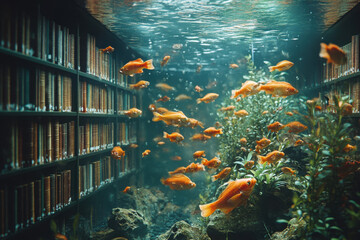 Fish swimming among bookshelves in a library.