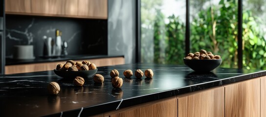 Modern Kitchen Interior Design with Walnuts on Black Marble Countertop