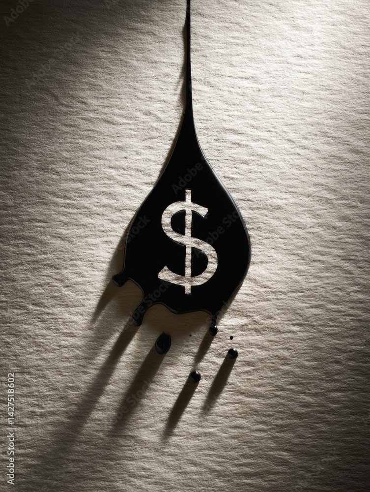 Poster Black Droplet Casting Dollar Sign Shadow on Textured Paper Background With Subtle Light and Shadow Play Enhancing the Composition